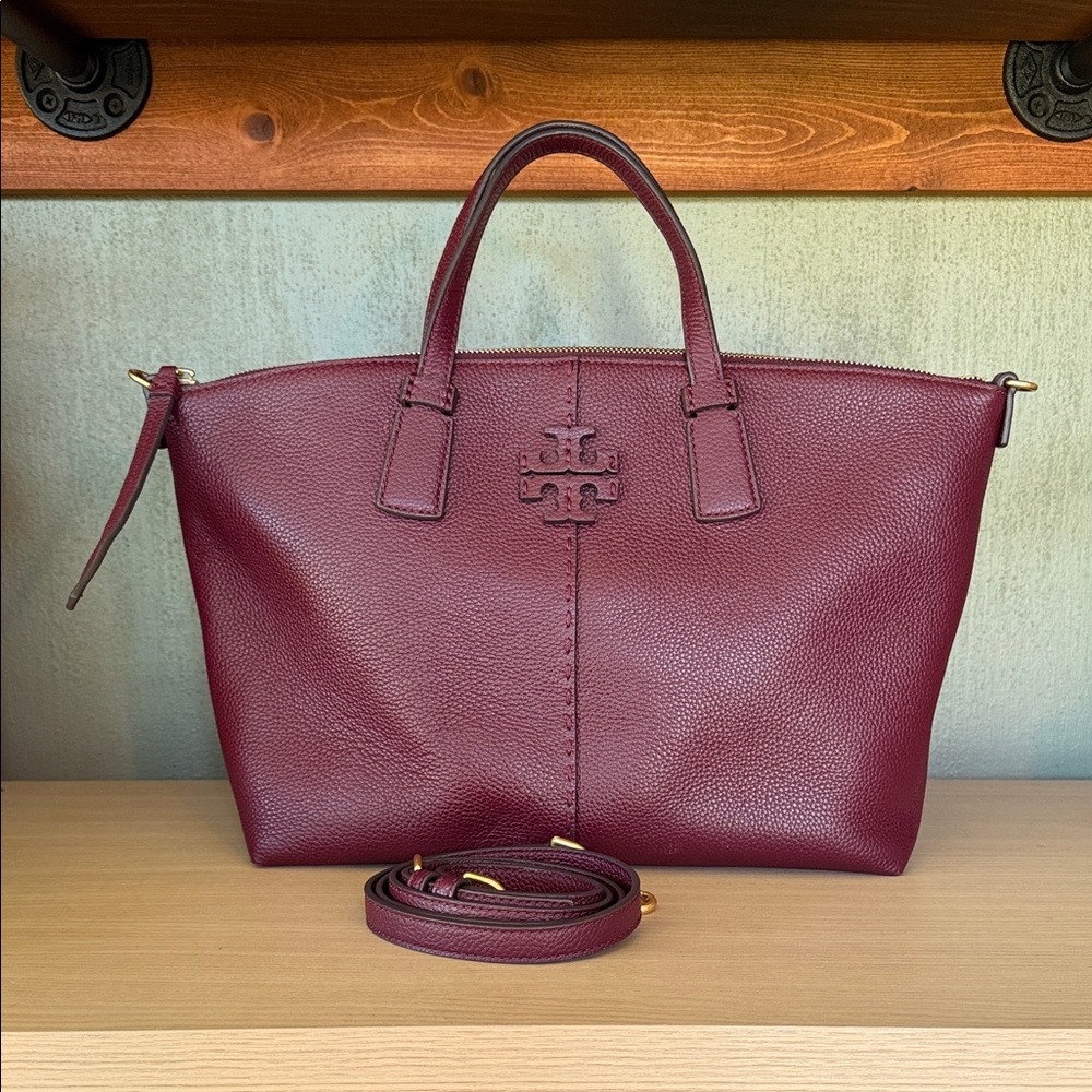 Tory Burch McGraw Leather Satchel in Claret with removable Strap
